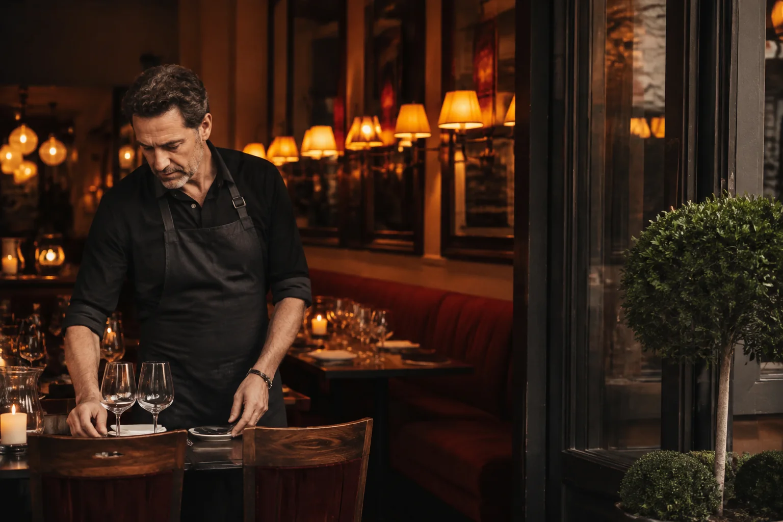 A restaurant owner prepares the dining room for service.